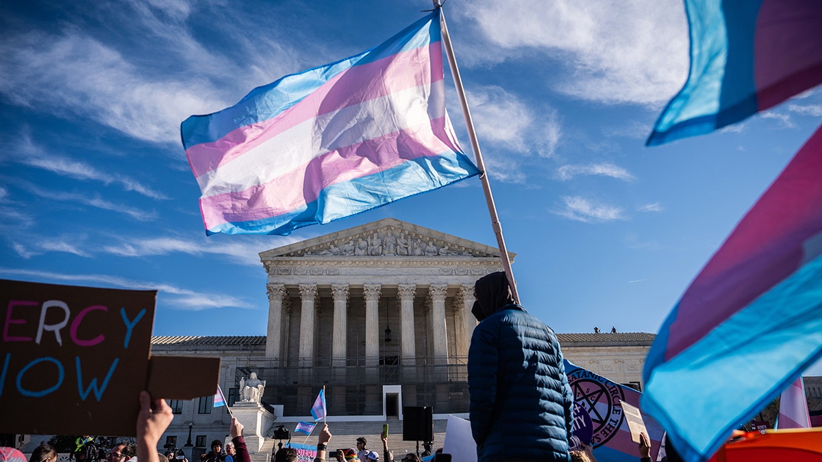 Protesters waving transgender pride flags outside the Supreme Court in Washington