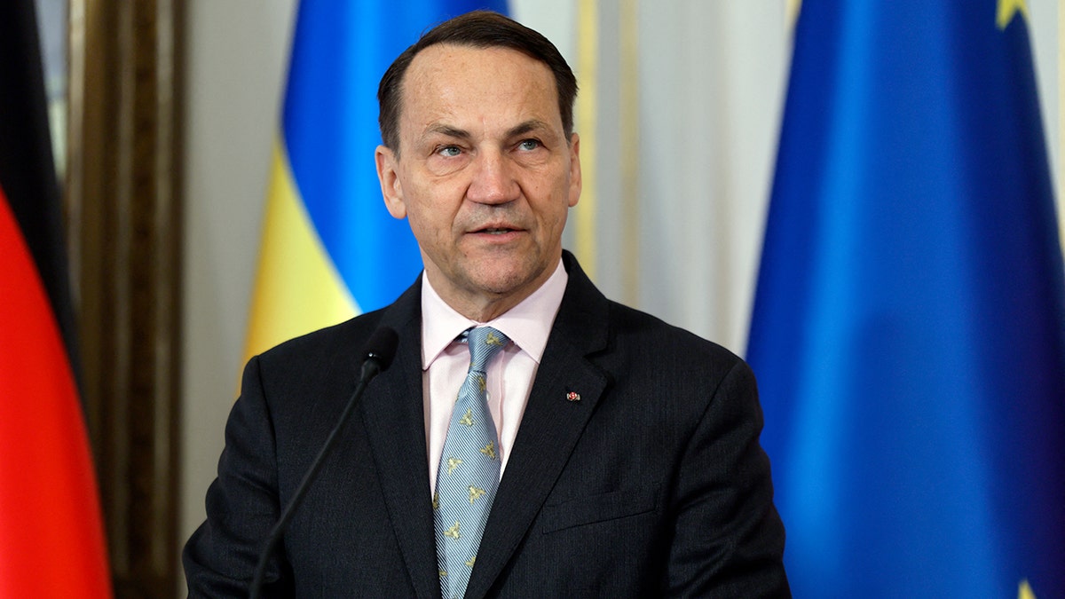 Polish Foreign Minister Radek Sikorski speaking at a press conference in Warsaw