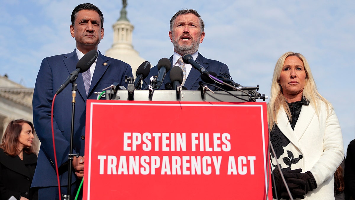 Rep. Thomas Massie flanked by Reps. Ro Khanna and Marjorie Taylor Greene in 2025