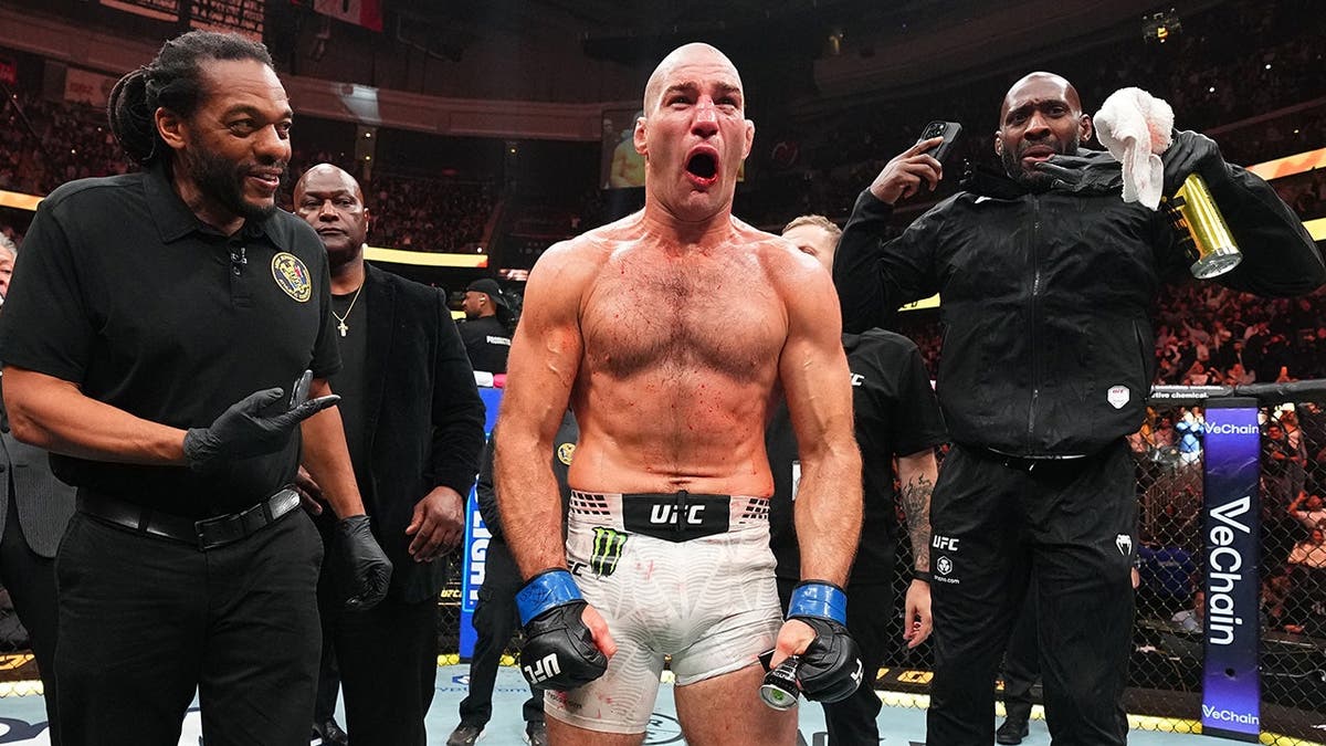 Sean Strickland reacting after split-decision victory at UFC 328 in Newark, New Jersey