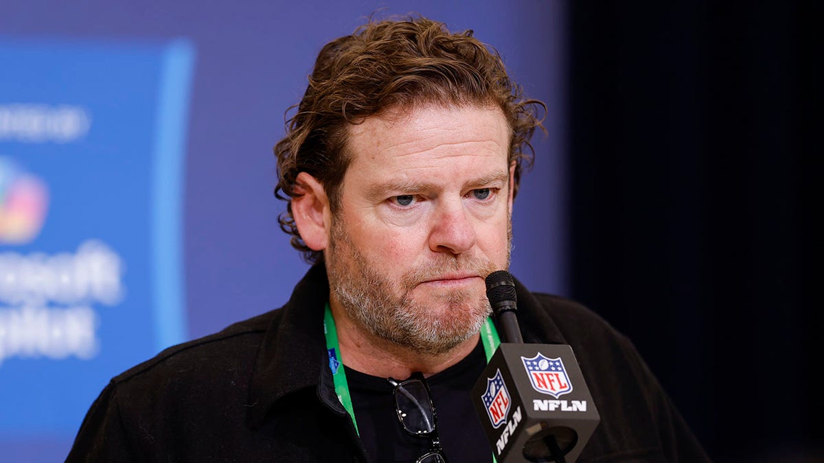 Seattle Seahawks general manager John Schneider speaking to media at NFL Scouting Combine in Indianapolis