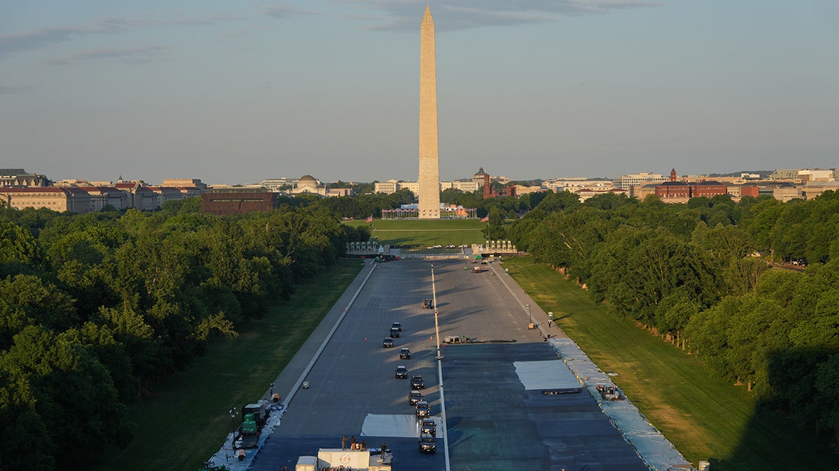 President Donald Trump driving in motorcade near Lincoln Memorial Reflecting Pool