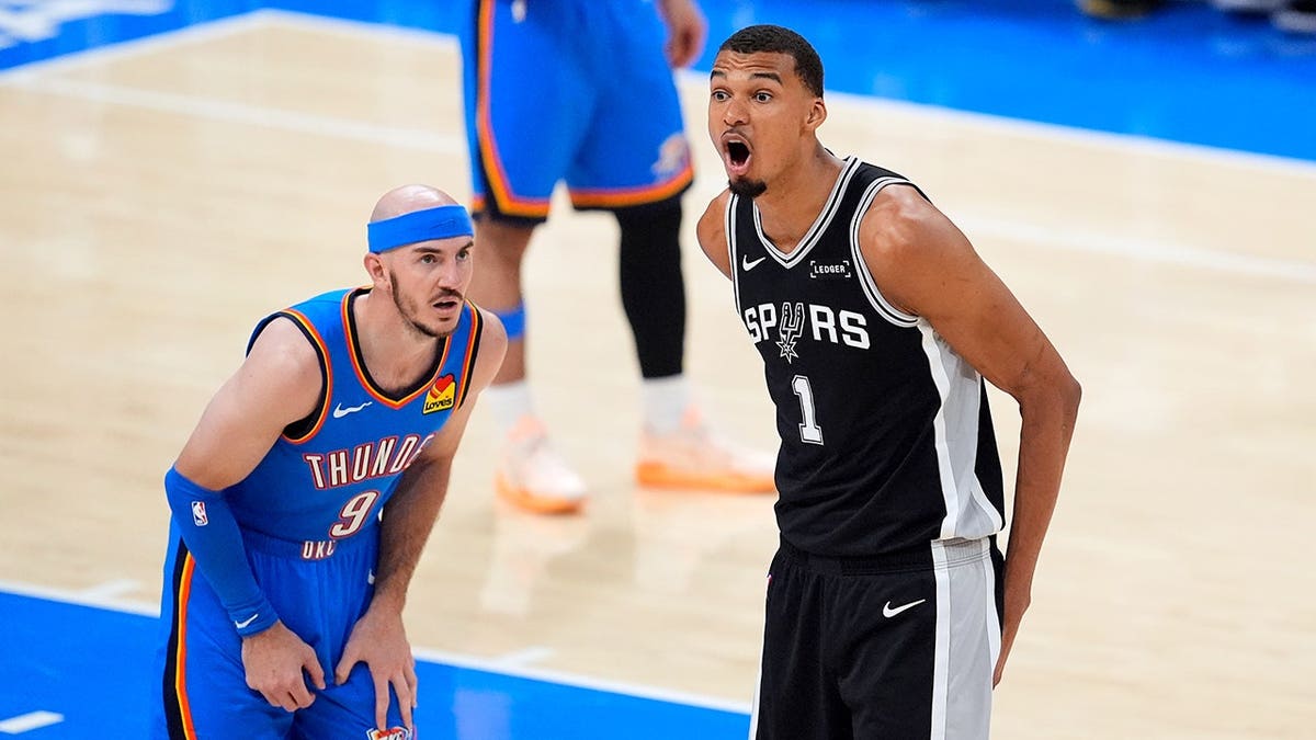 San Antonio Spurs forward Victor Wembanyama reacting during NBA playoff game in Oklahoma City