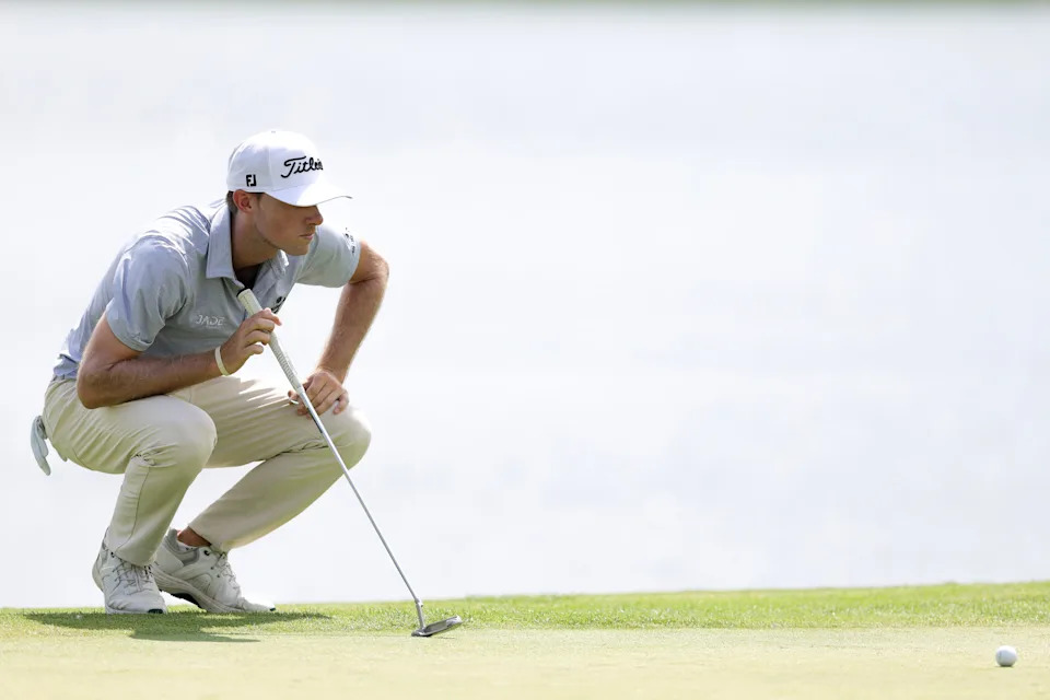 Matthew Riedel of the United States measures a putt on the 18th green during the final round of the Memorial Health Championship presented by LRS at Panther Creek Country Club on June 28, 2026 in Springfield, Illinois.