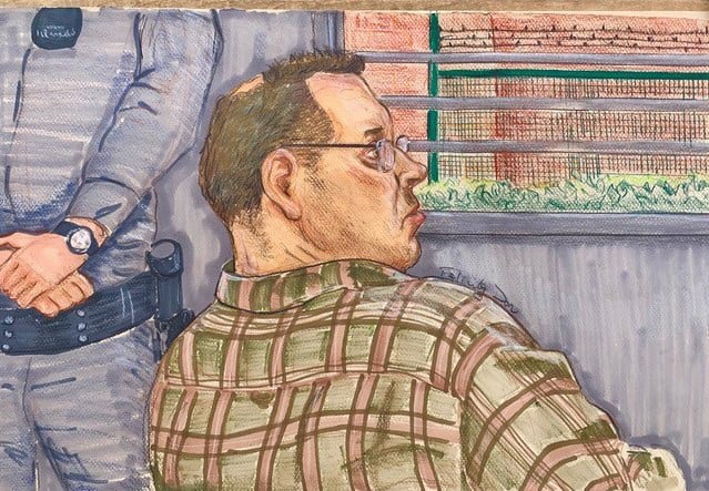 A court sketch of a man in a checked shirt, seen from behind.