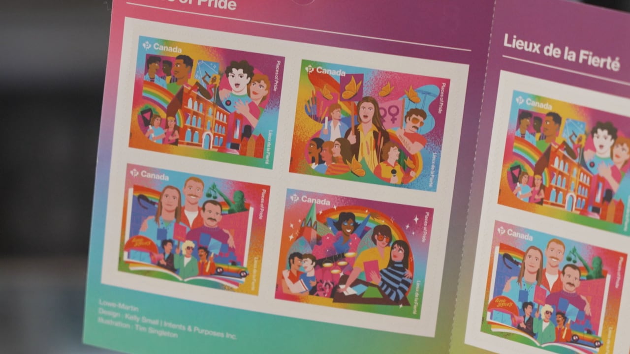 Four brightly coloured stamps.
