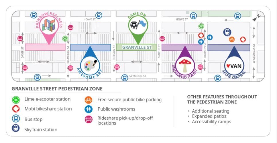 A diagram shows a street in Vancouver, marked with different festivities.