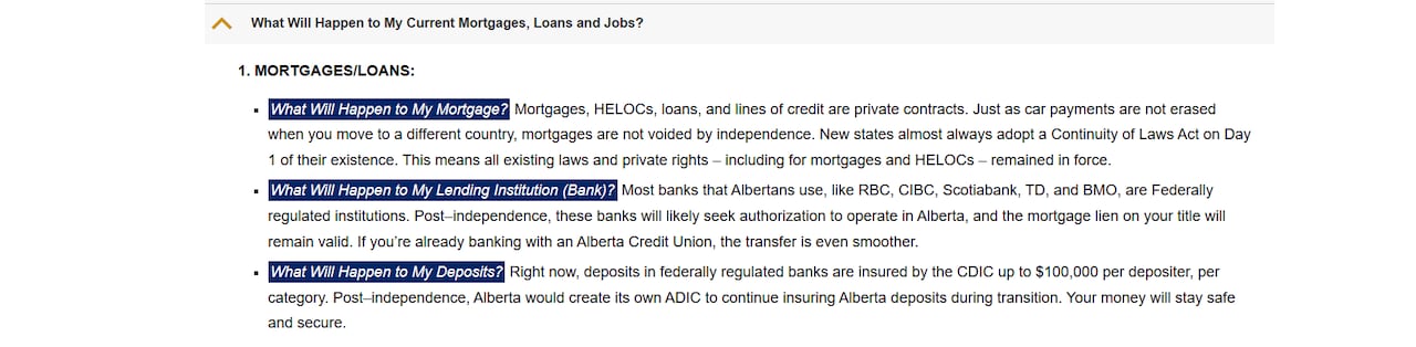 A webpage answers a question on mortgages in an independent Alberta
