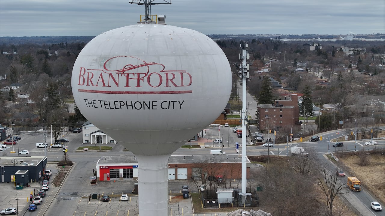 Aerial (drone) images of Brantford, Ontario water tower.