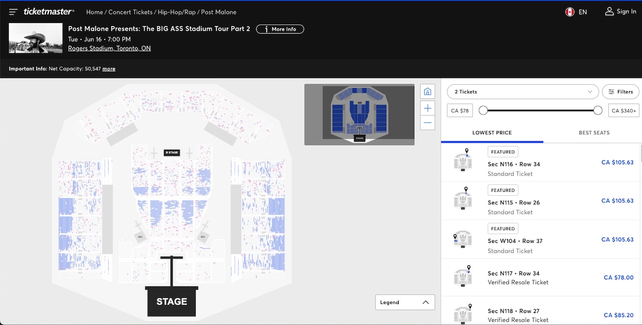 a stadium seat map on a webpage shows a number of blue dots indicating seats still available, as wel las some grey ones indicating seats that have been purchased
