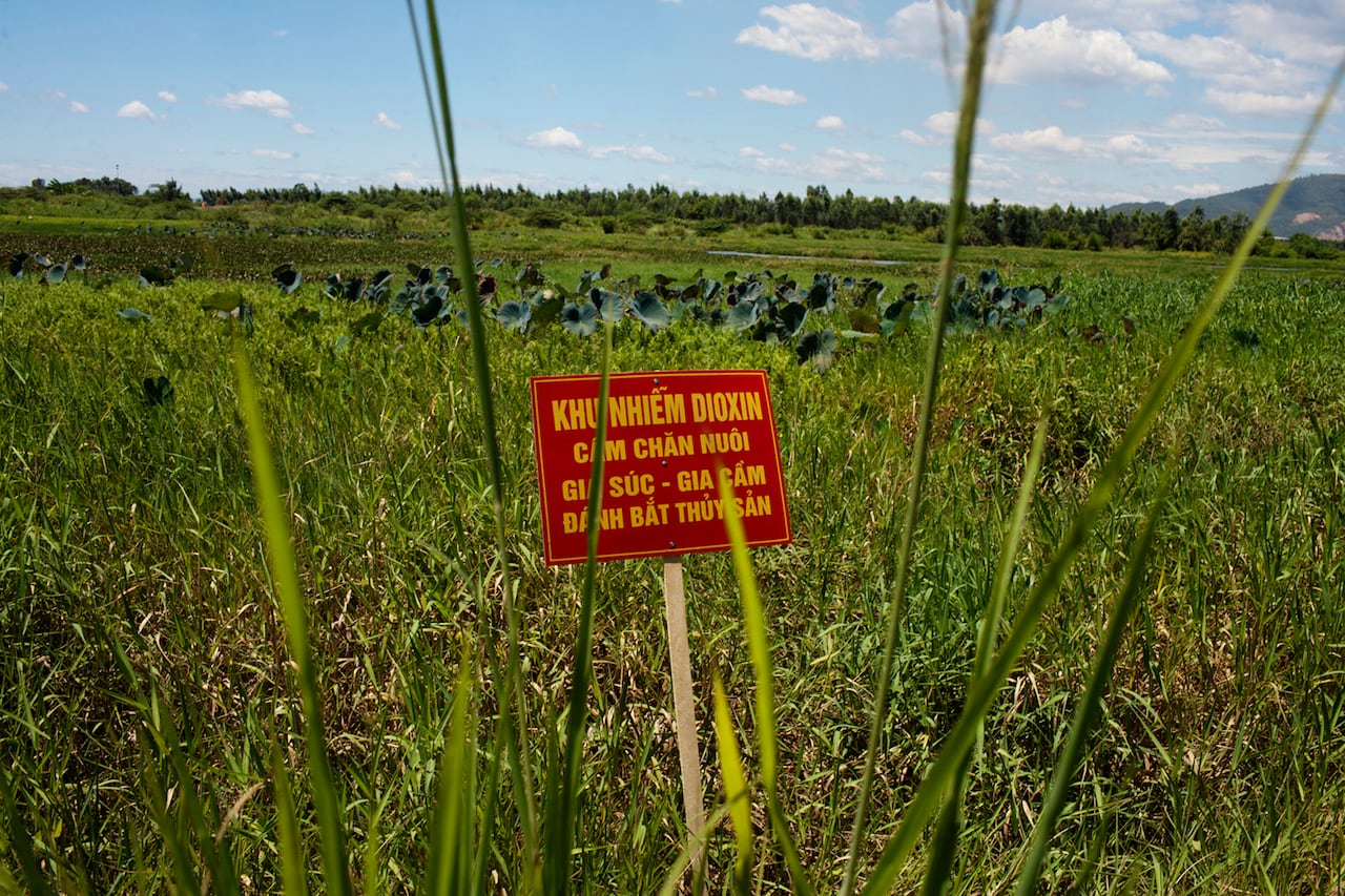 A picture of a field with a red sign in the foreground with Vietnamese lettering on it.