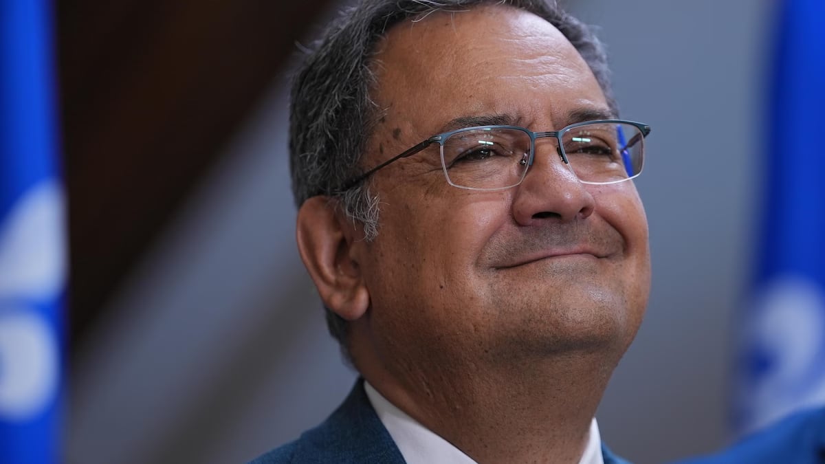 Man with grey hair and glasses standing between two Quebec flags.