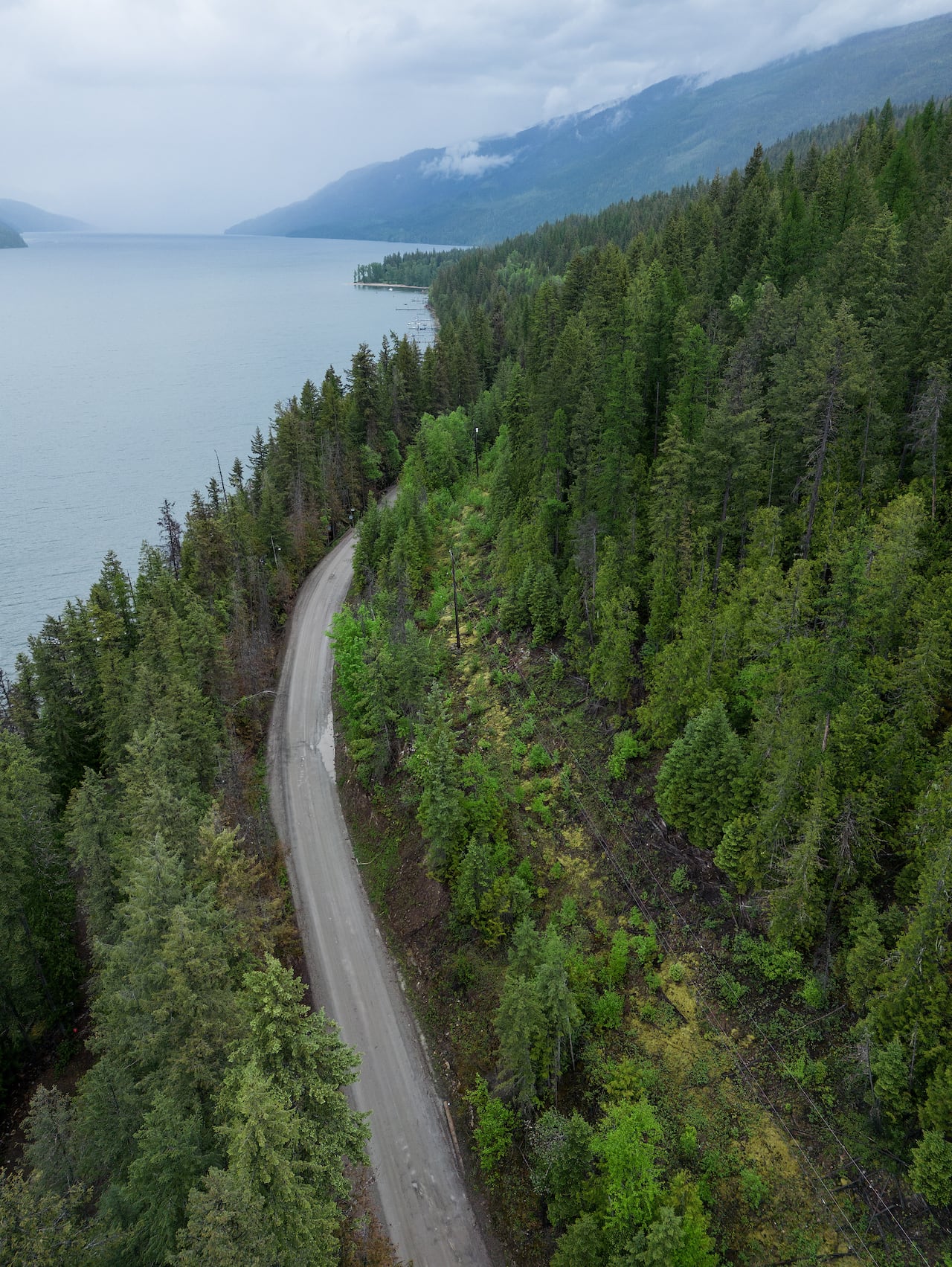 A road runs along a lake, seen from above.