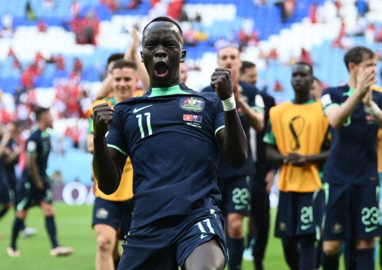 Soccer Football - FIFA World Cup Qatar 2022 - Group D - Tunisia v Australia - Al Janoub Stadium, Al Wakrah, Qatar - November 26, 2022 Australia's Awer Mabil celebrates after the match REUTERS/Annegret Hilse