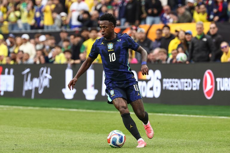 Mar 26, 2026; Foxborough, Massachusetts, USA; Brazil forward Vinicius Junior (10) against France at Gillette Stadium. Mandatory Credit: Winslow Townson-Imagn Images