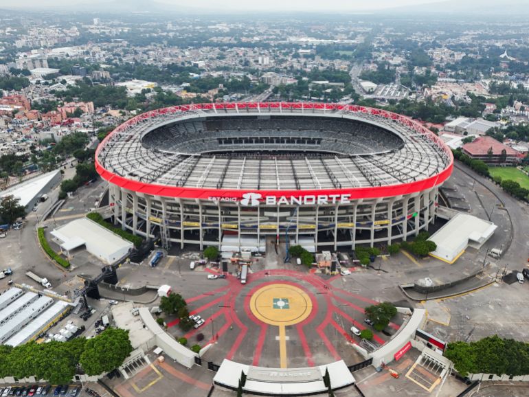 The Estadio Azteca with Mexico City in the background