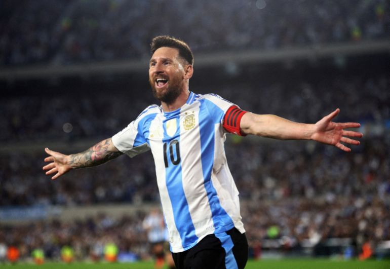 FILE PHOTO: Soccer Football - World Cup - South American Qualifiers - Argentina v Bolivia - Estadio Mas Monumental, Buenos Aires, Argentina - October 15, 2024 Argentina's Lionel Messi celebrates scoring their first goal REUTERS/Matias Baglietto/File Photo