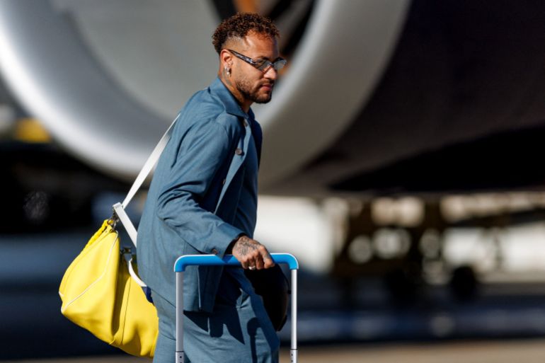 Jun 2, 2026; Newark, New Jersey, USA; Brazil forward Neymar Jr. arrives for the 2026 FIFA World Cup at Newark Liberty International Airport. Mandatory Credit: Caean Couto-Imagn Images