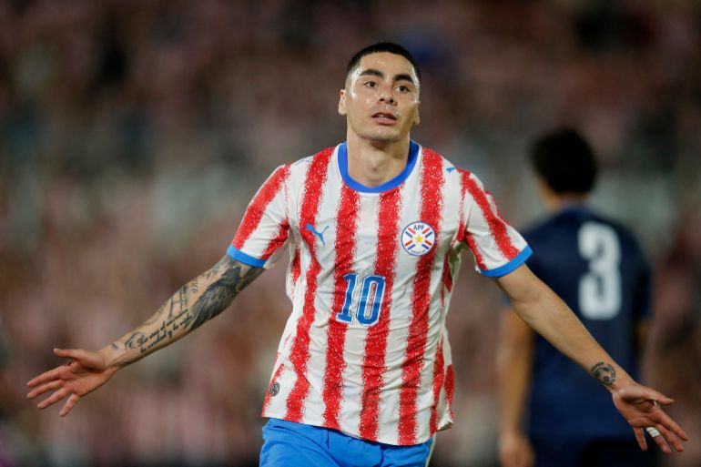 Soccer Football - International Friendly - Paraguay v Nicaragua - Estadio Defensores del Chaco, Asuncion, Paraguay - June 5, 2026 Paraguay's Miguel Almiron celebrates scoring their second goal REUTERS/Cesar Olmedo