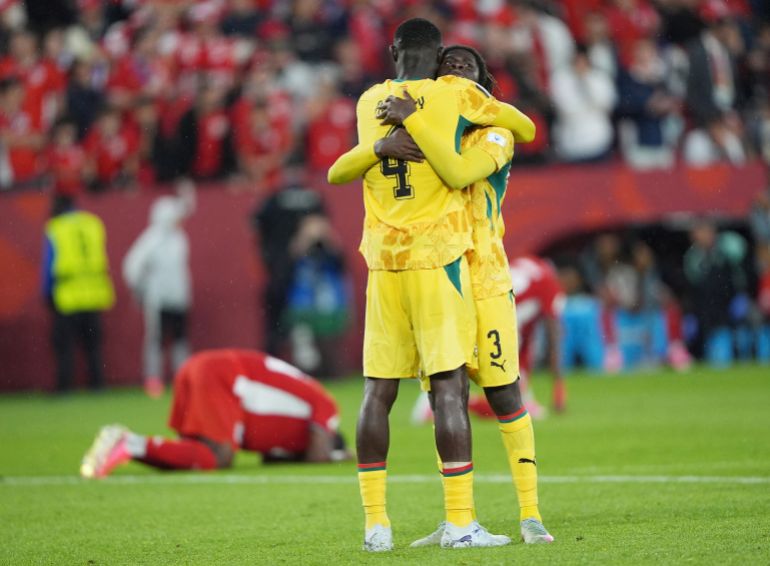 Soccer Football - FIFA World Cup 2026 - Group L - Ghana v Panama - Toronto Stadium, Toronto, Canada - June 17, 2026 Ghana's Caleb Yirenkyi and Jonas Adjetey celebrate after the match IMAGN IMAGES via Reuters/John Sokolowski