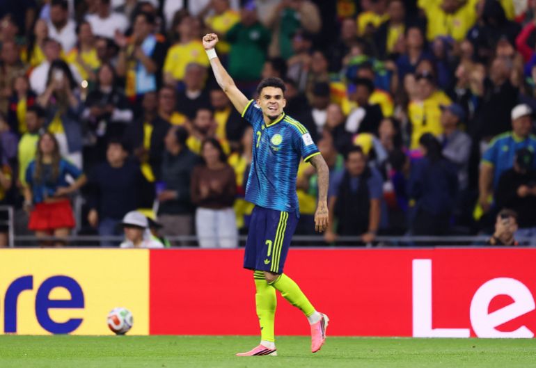 Soccer Football - FIFA World Cup 2026 - Group K - Uzbekistan v Colombia - Estadio Azteca, Mexico City, Mexico - June 17, 2026 Colombia's Luis Diaz celebrates scoring their second goal REUTERS/Eloisa Sanchez