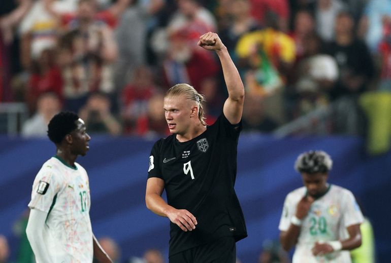 Erling Haaland celebrates a goal against Senegal.