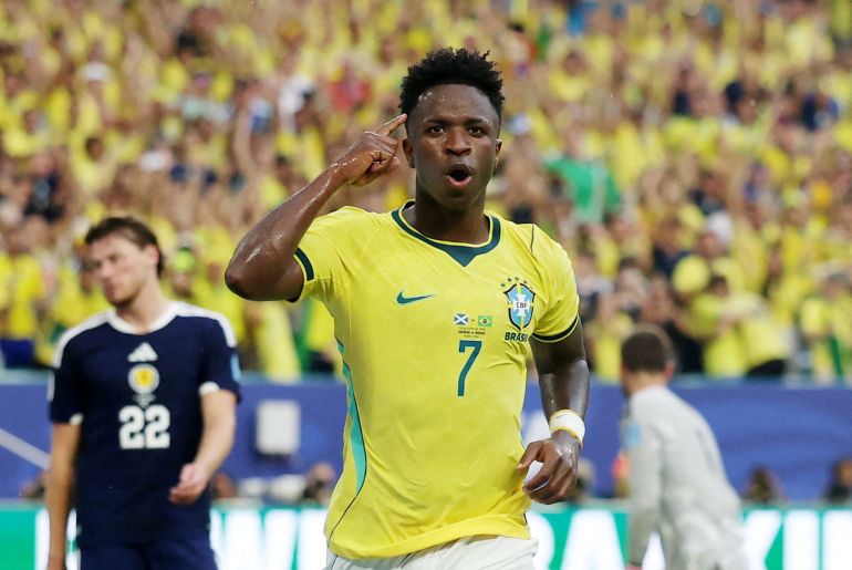 Brazil's Vinicius Junior celebrates scoring their second goal