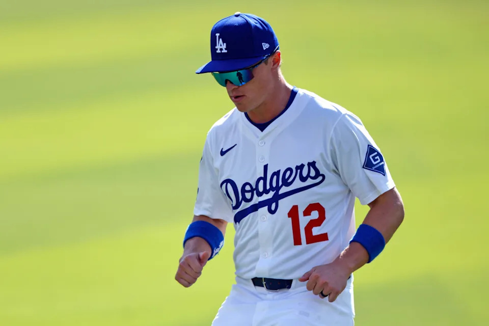 Alex Call #12 of the Los Angeles Dodgers warms up before Game 4 of the National League Division Series against the Philadelphia Phillies at Dodger Stadium on October 09, 2025, in Los Angeles, California.