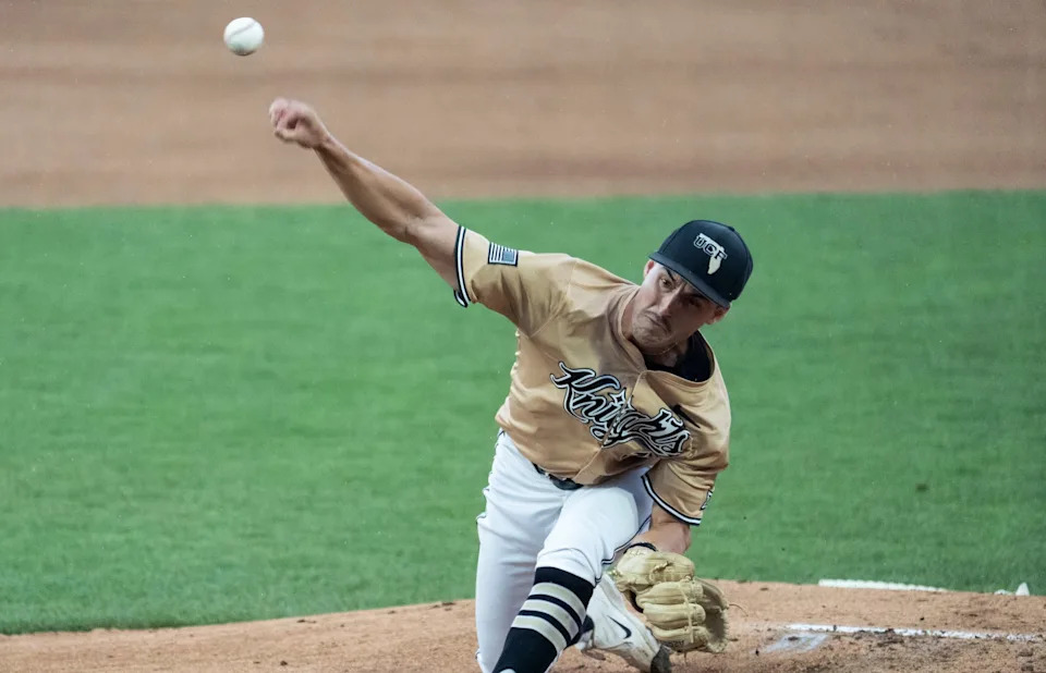 UCF Knights' Roman Kimball (1) pitches as Auburn Tigers take on UCF Knights during the NCAA Regional Baseball tournament at Plainsman Park in Auburn, Ala. on Sunday, May 31, 2026.
