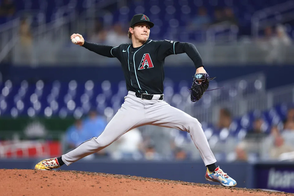 Drey Jameson #99 of the Arizona Diamondbacks pitches against the Miami Marlins in the eighth inning of the game at loanDepot park on June 10, 2026, in Miami.