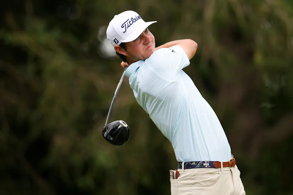 Cole Sherwood of the United States hits from the third tee during the final round of the Memorial Health Championship presented by LRS at Panther Creek Country Club on June 28, 2026 in Springfield, Illinois.