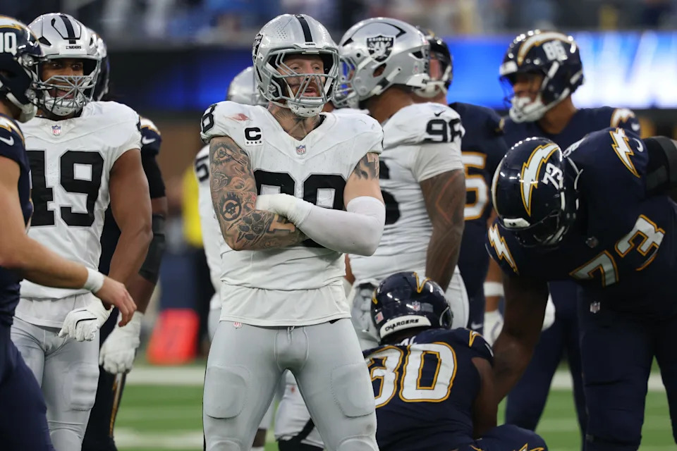 Nov 30, 2025; Inglewood, California, USA; Las Vegas Raiders defensive end Maxx Crosby (98) reacts during the second half at SoFi Stadium. Mandatory Credit: Kiyoshi Mio-Imagn Images