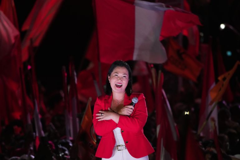 Presidential candidate Keiko Fujimori addresses supporters during a closing campaign rally in Lima, Peru, Thursday, June 4, 2026. (AP Photo/Rodrigo Abd)