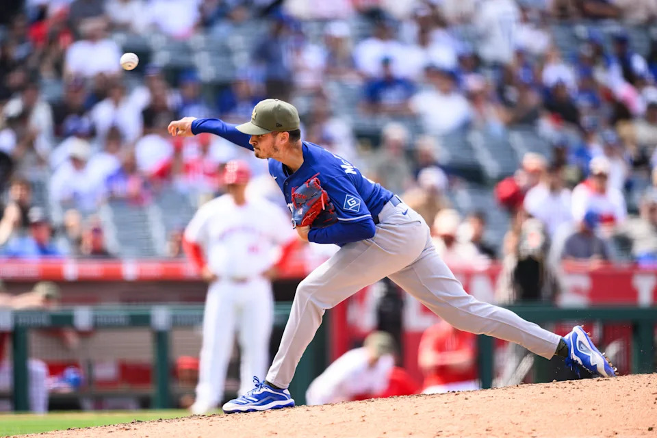 May 17, 2026; Anaheim, California, USA; Los Angeles Dodgers Chayce McDermott (62) delivers during the ninth inning against the Los Angeles Angels at Angel Stadium. Mandatory Credit: William Liang-Imagn Images