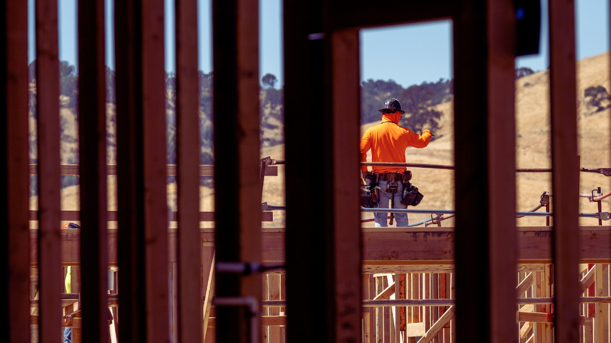 A construction worker at a new home construction site in Vacaville, California.