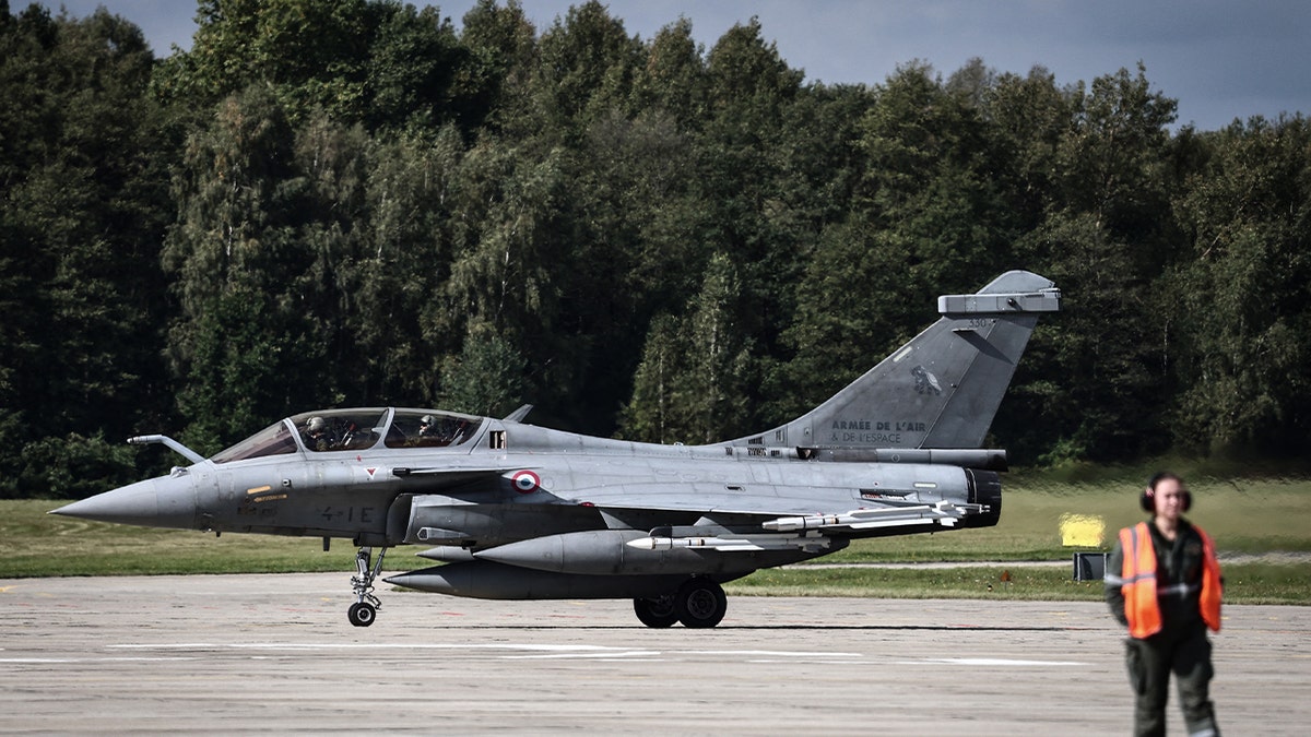 French Rafale fighter jet after landing at Minsk Mazowiecki air base