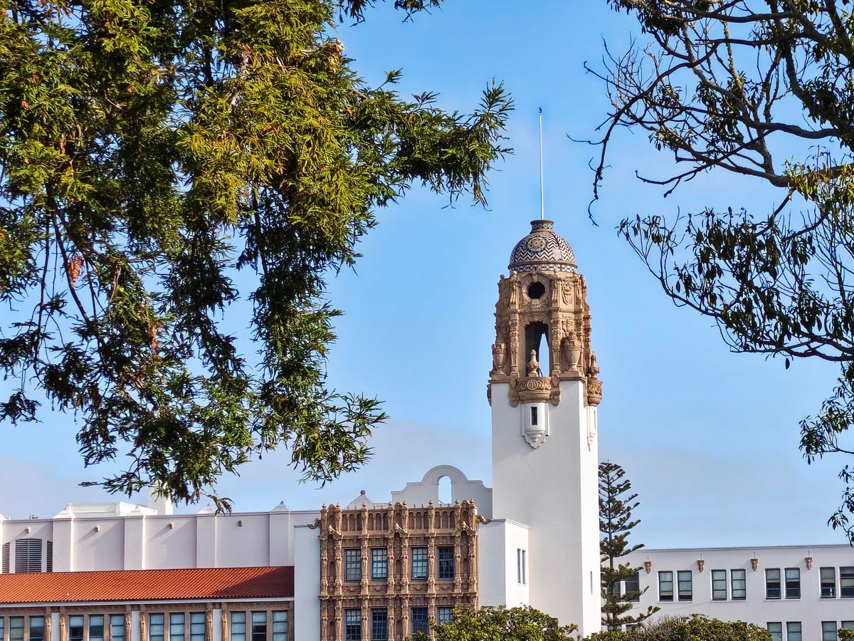 Trees, a blue shy and a belltower