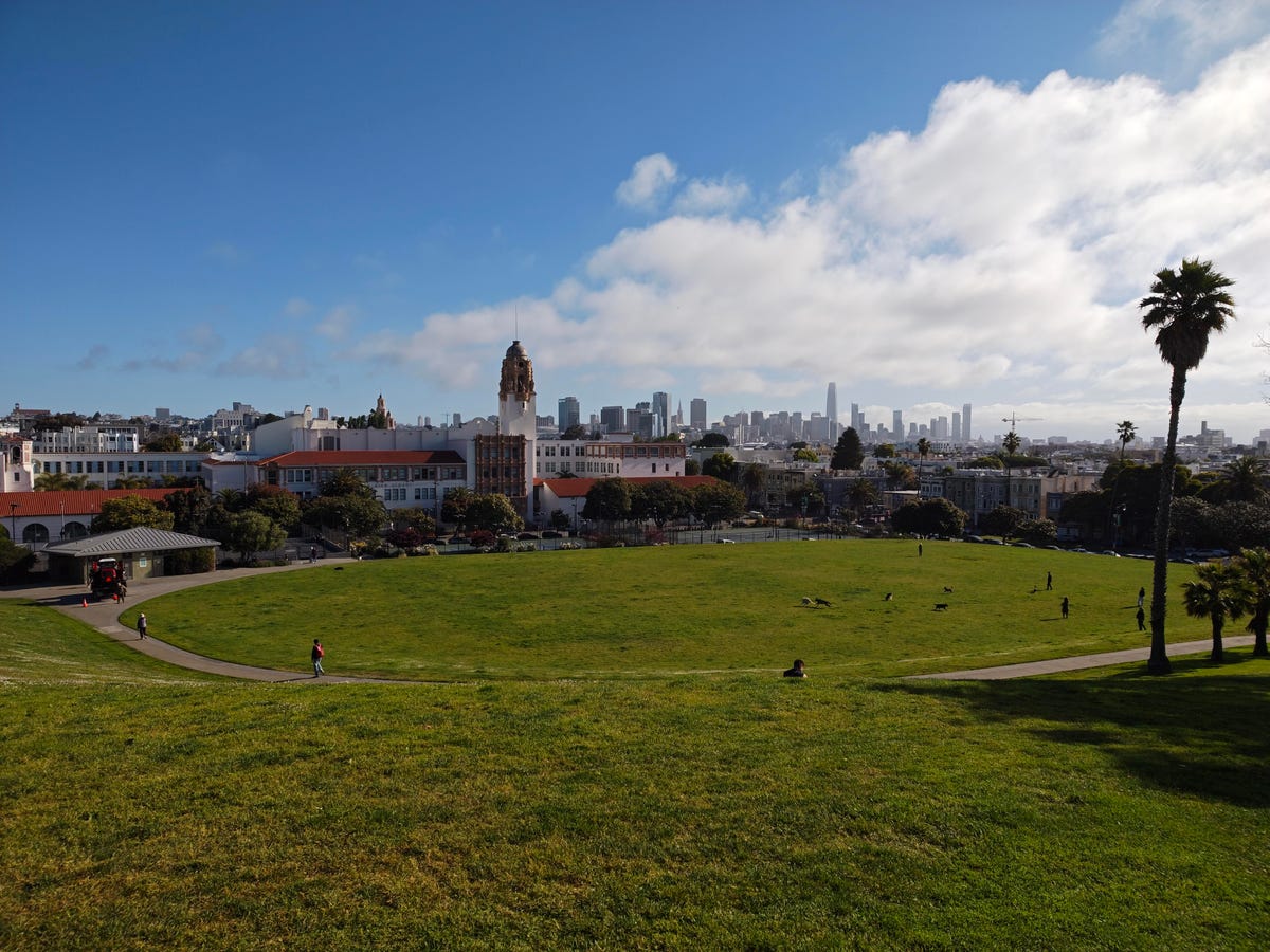 A park under a partly cloudy sky