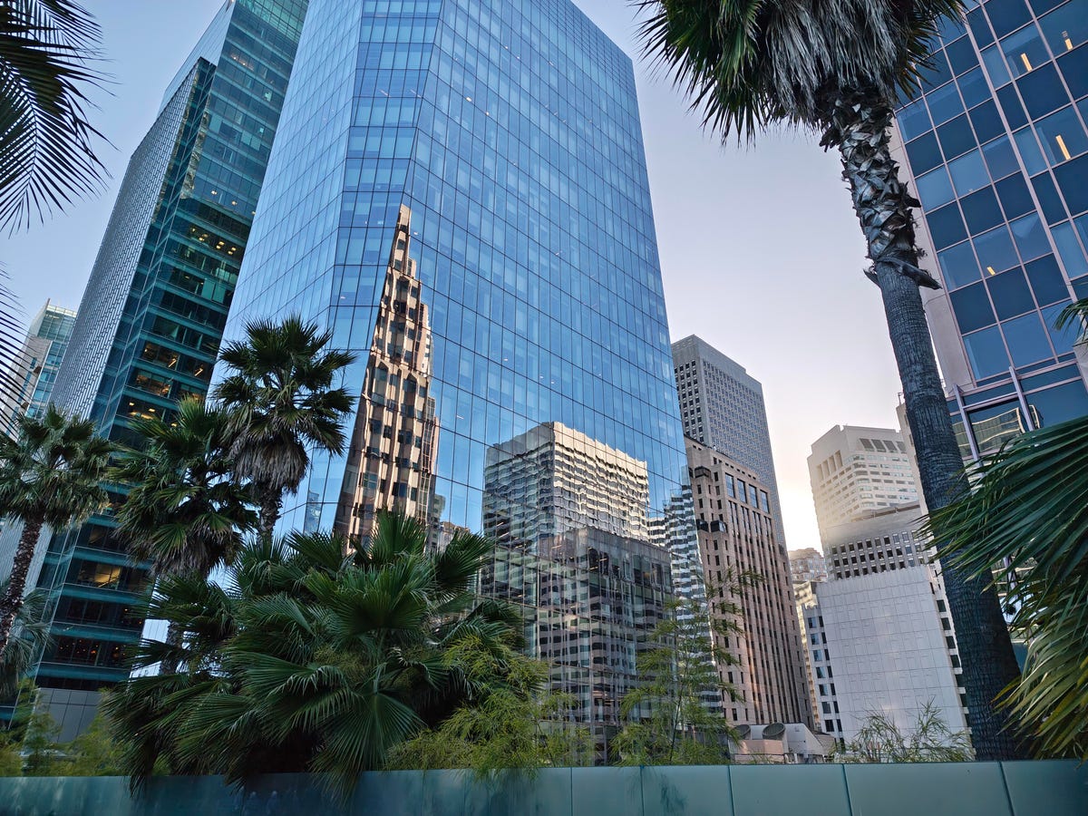 Glass buildings right after sunset