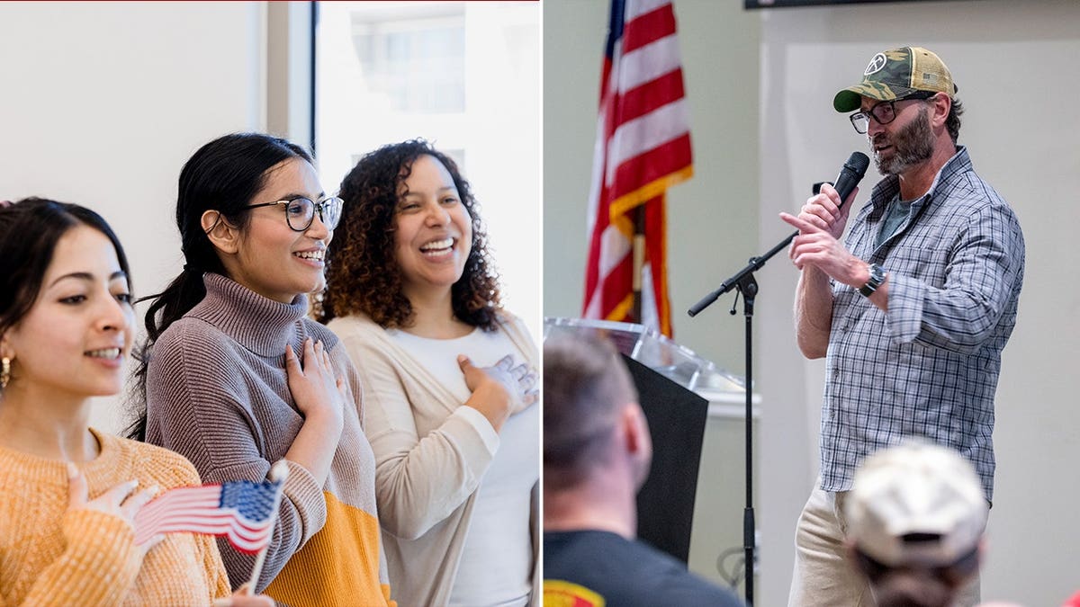 High school students doing the Pledge of Allegiance with a split photo of Jack Carr speaking in a microphone.