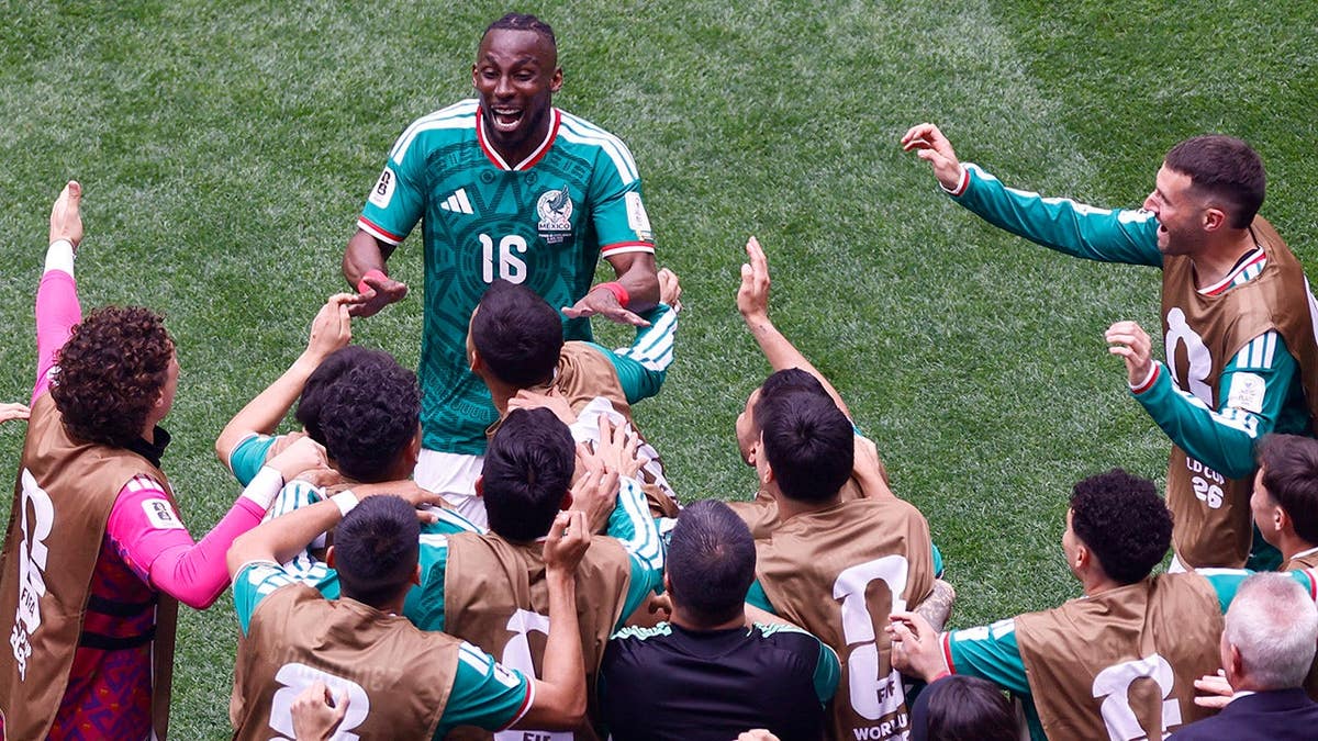 Mexico's forward Julian Quinones celebrating after scoring a goal at Mexico City Stadium.
