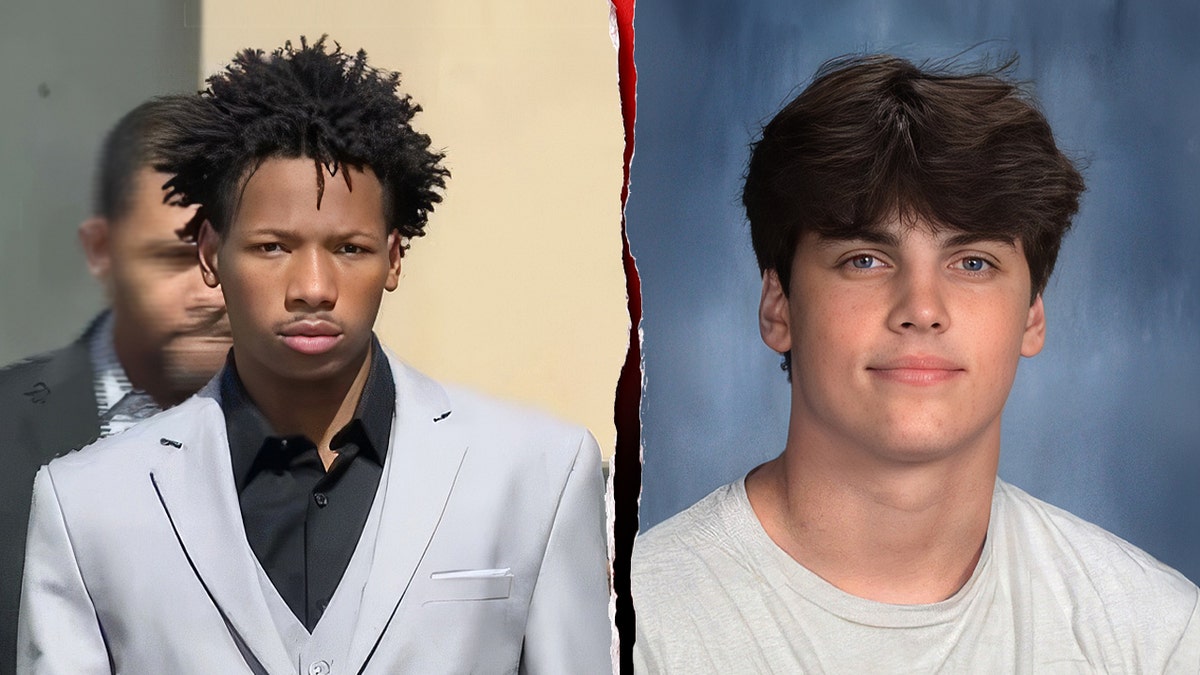Karmelo Anthony in gray suit and Austin Metcalf in white t-shirt in school photos