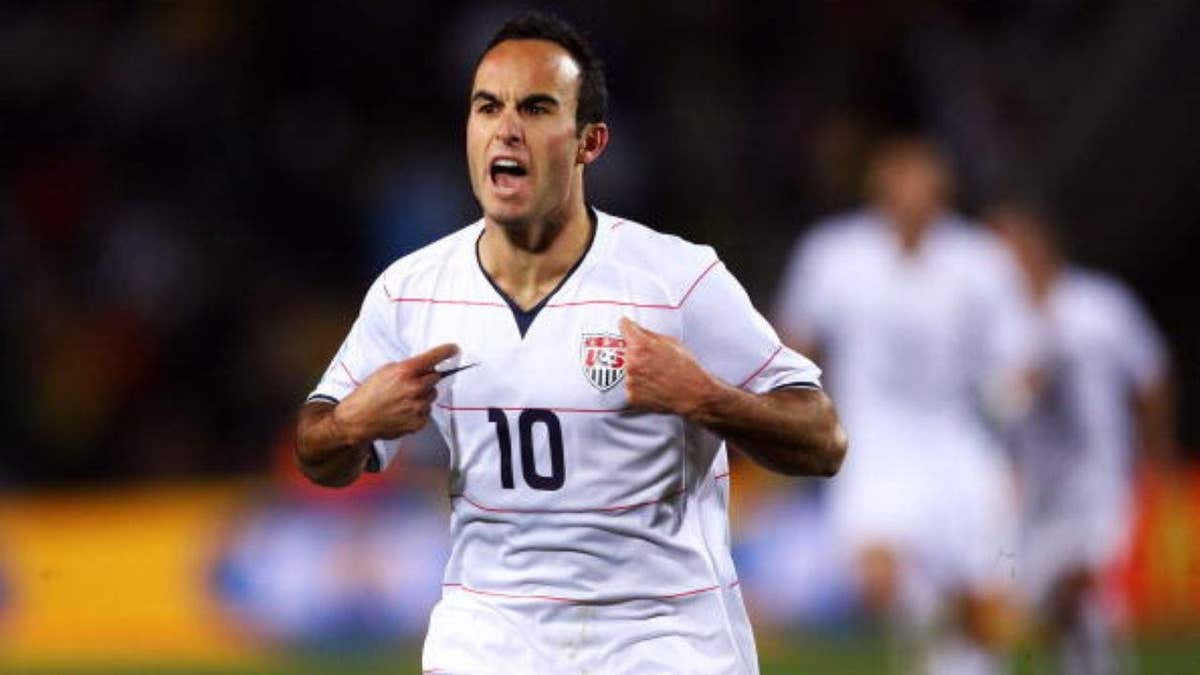 U.S. soccer icon Landon Donovan helps promote excitement for a major international soccer tournament during an event at Raising Cane’s flagship Inglewood location on June 9, 2026. (Photo by Alex Livesey/Getty Images)
