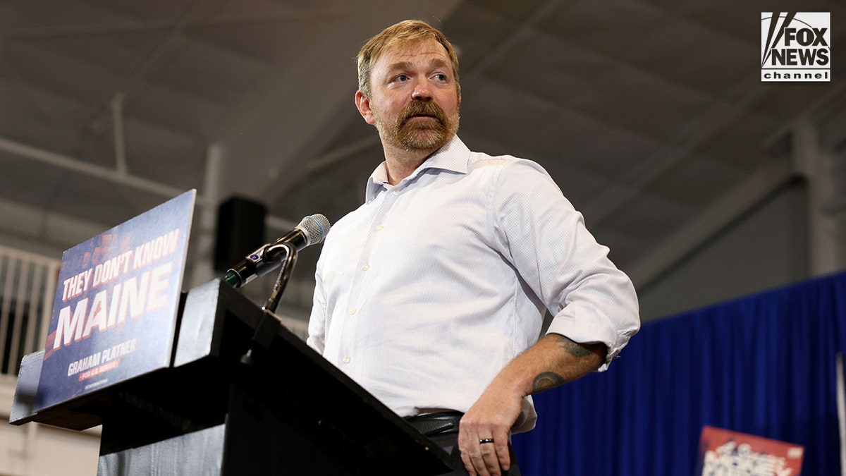 Graham Platner speaking at a YMCA during his election watch party in Blue Hill, Maine