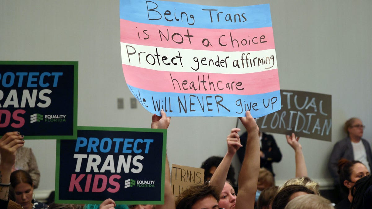 People holding signs during Florida Board of Medicine and Osteopathic Medicine joint meeting