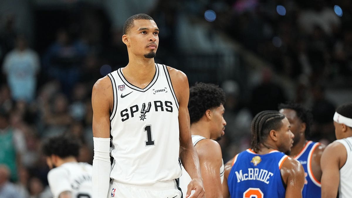 San Antonio Spurs forward Victor Wembanyama reacting during NBA Finals game at Frost Bank Center