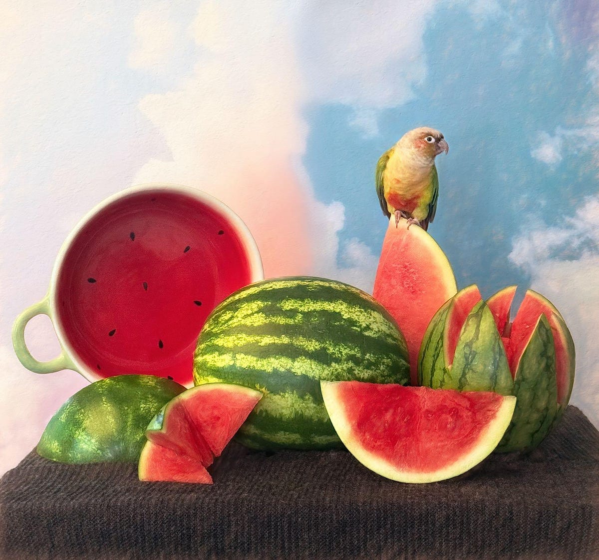 Still life photograph of watermelons (whole and cut up), a bird, and a watermelon-themed dish.