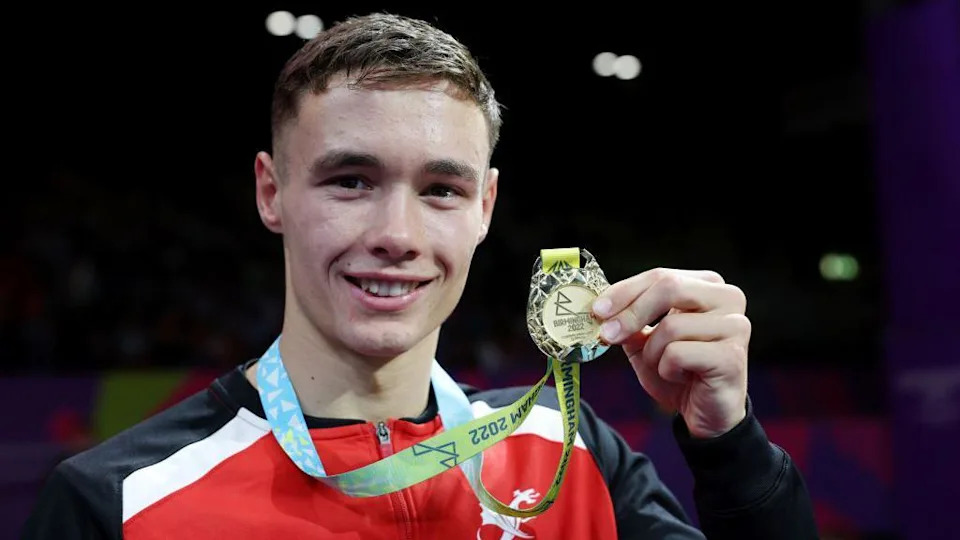 Gold medalist Ioan Croft of Team Wales celebrates during the Men's Boxing Welterweight medal ceremony of the Birmingham 2022 Commonwealth Games