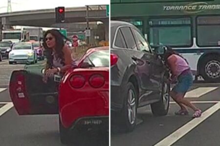Exclusive | Astonishing moment red Corvette driver has vicious road-rage fight with rival