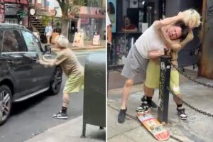 Exclusive | Wild video shows pitiful NYC street fight between skateboarder and Mercedes driver — and one of them ends up regretting it